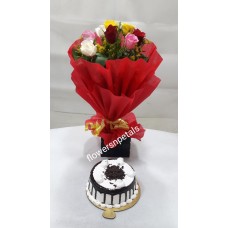 10 Mix Roses Bunch With Red Paper Packing  + 1/2 Kg. black Floest cake